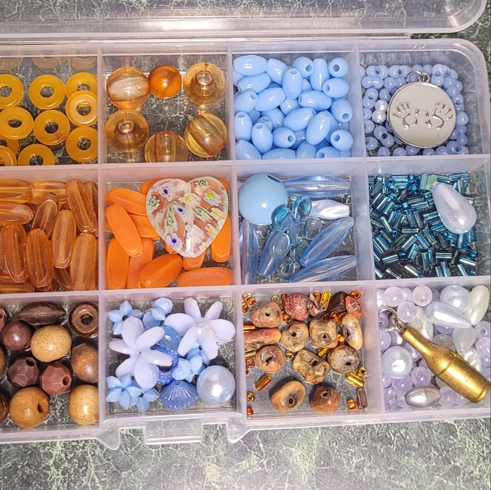 Clear Bead Organizer with Blue and Orange Beads
